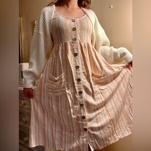 Roxy Peach and White Striped Button-Front Midi Dress